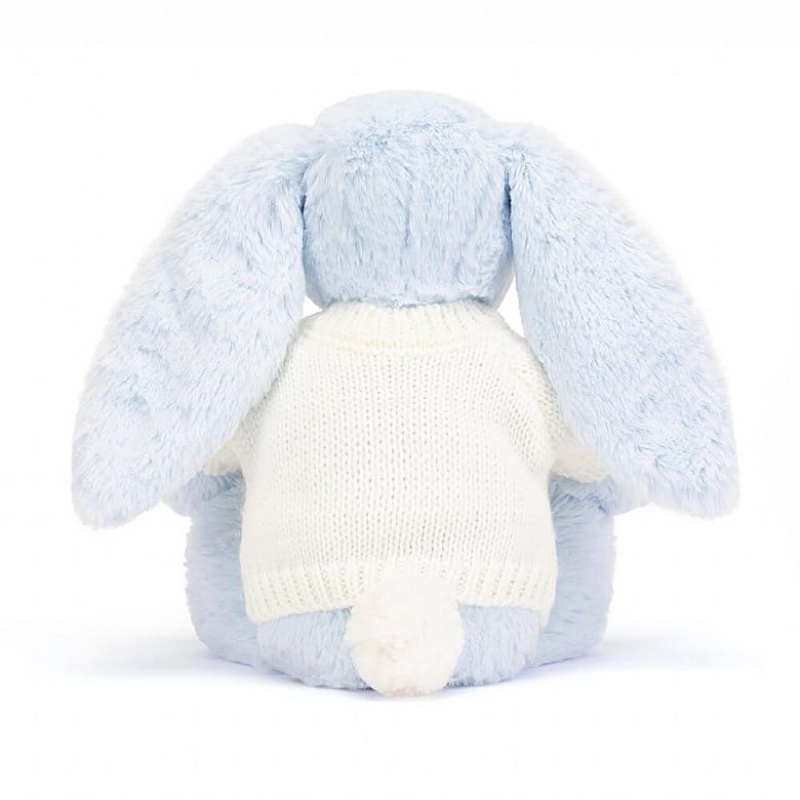 Jellycat Bashful Blue Hase mit personalisiertem cremefarbenen Pullover Mittelgroß | JYLQ-01369