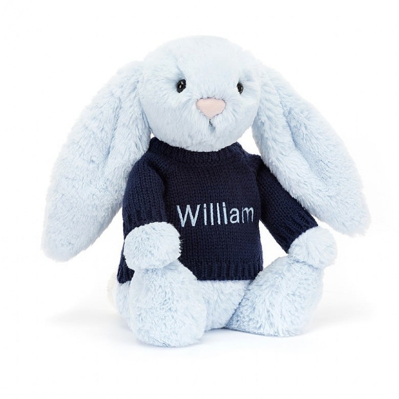 Jellycat Bashful Blue Hase mit personalisiertem marineblauem Pullover Mittelgroß | UELJ-05761