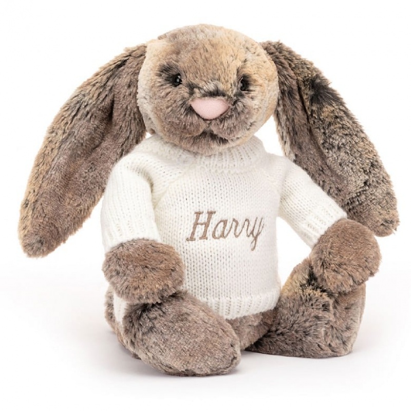 Jellycat Bashful Cottontail Hase mit personalisiertem cremefarbenen Pullover Mittelgroß | YAPN-23674