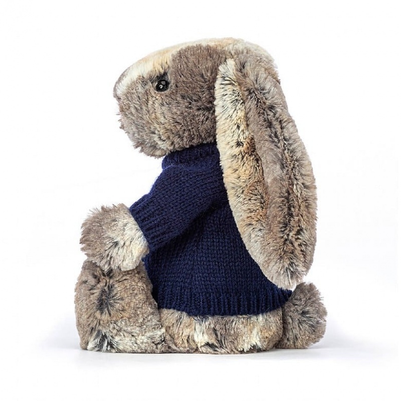 Jellycat Bashful Cottontail Hase mit personalisiertem marineblauem Pullover Mittelgroß | SFAU-18527