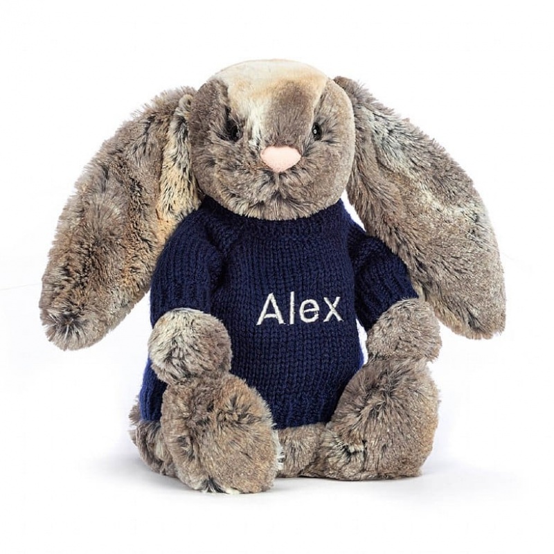 Jellycat Bashful Cottontail Hase mit personalisiertem marineblauem Pullover Mittelgroß | SFAU-18527