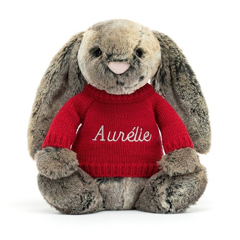 Jellycat Bashful Cottontail Hase mit personalisiertem roten Pullover Mittelgroß | VDGZ-10485