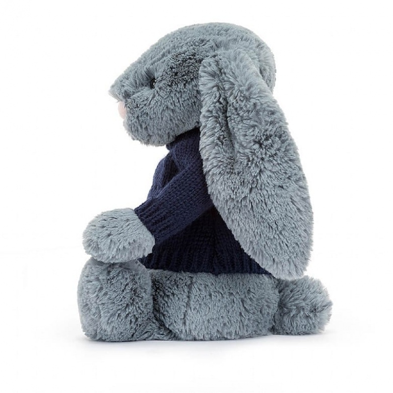 Jellycat Bashful Dusky Blue Hase mit personalisiertem marineblauem Pullover Mittelgroß | JCUO-32045