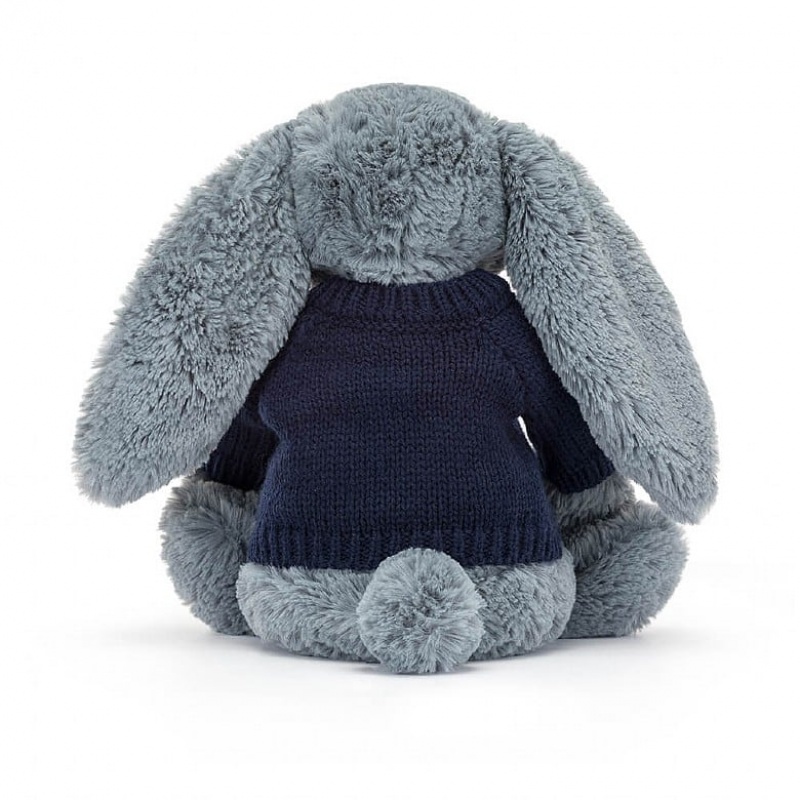 Jellycat Bashful Dusky Blue Hase mit personalisiertem marineblauem Pullover Mittelgroß | JCUO-32045