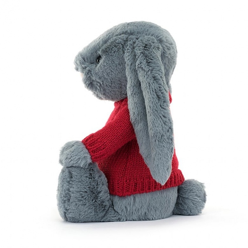 Jellycat Bashful Dusky Blue Hase mit personalisiertem roten Pullover Mittelgroß | TMVW-43985