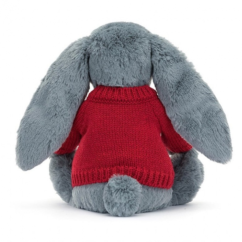 Jellycat Bashful Dusky Blue Hase mit personalisiertem roten Pullover Mittelgroß | TMVW-43985