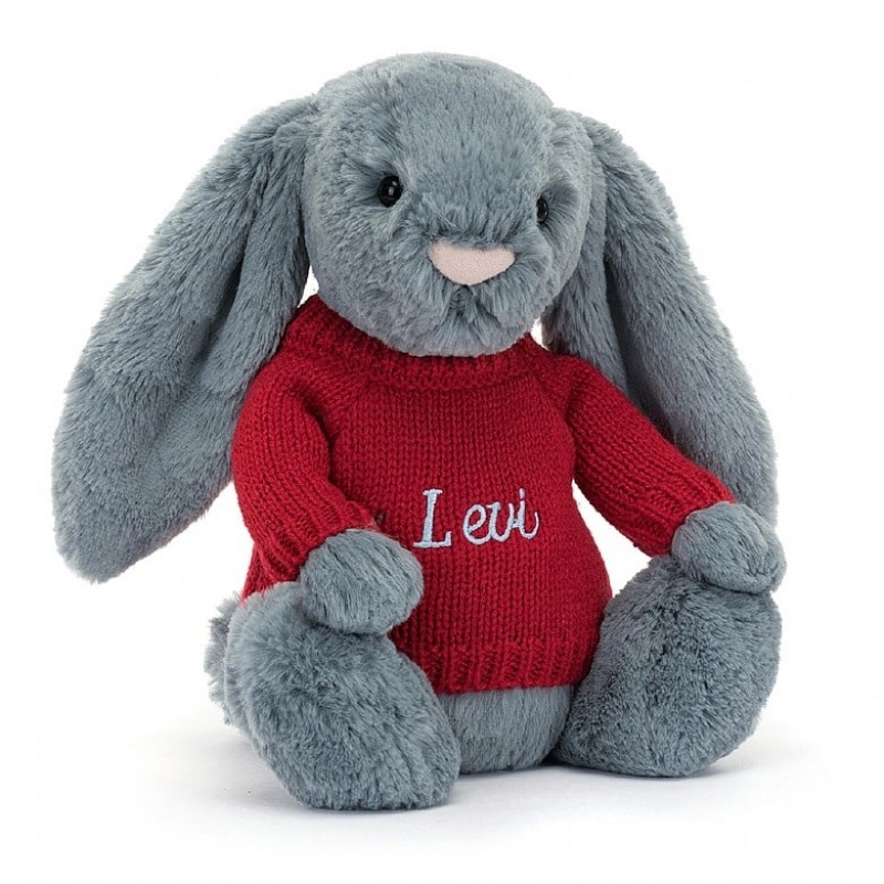 Jellycat Bashful Dusky Blue Hase mit personalisiertem roten Pullover Mittelgroß | TMVW-43985