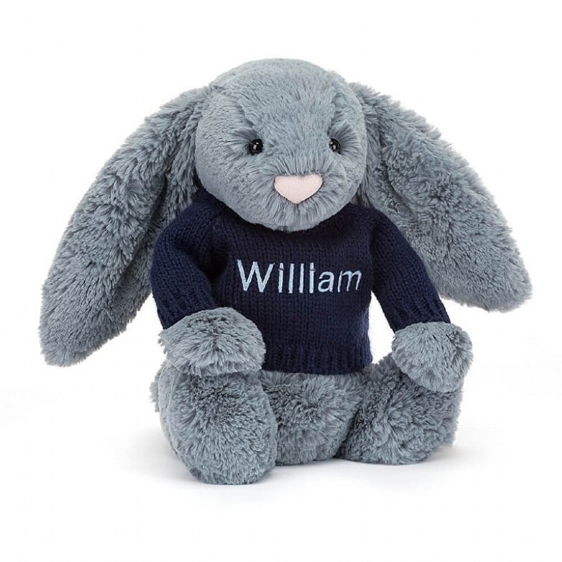 Jellycat Bashful Dusky Blue Hase mit personalisiertem marineblauem Pullover Mittelgroß | ZPMD-12064