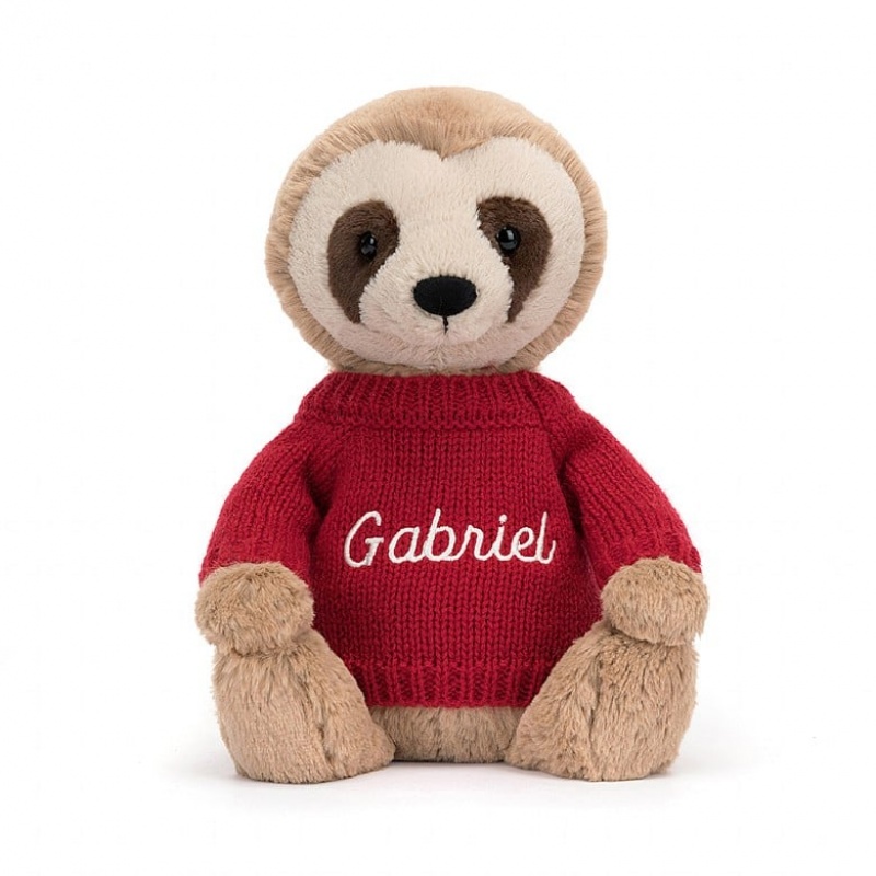 Jellycat Bashful Faultier mit personalisiertem roten Pullover Mittelgroß | YXGS-76394