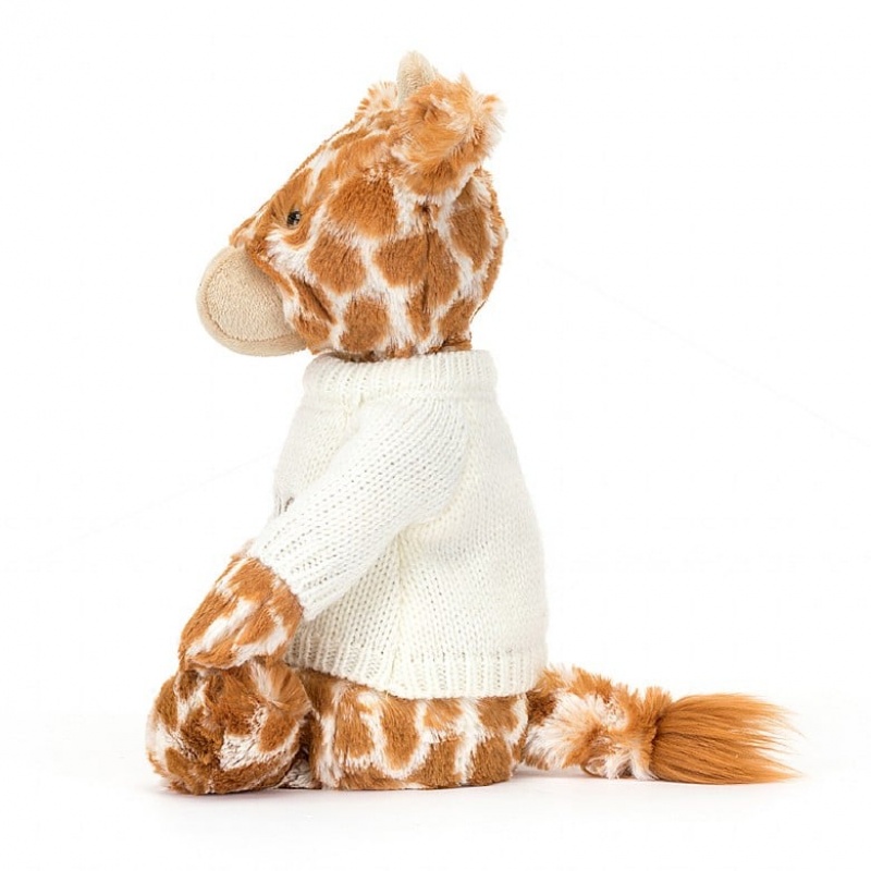 Jellycat Bashful Giraffe mit personalisiertem cremefarbenen Pullover Mittelgroß | JSNW-23981