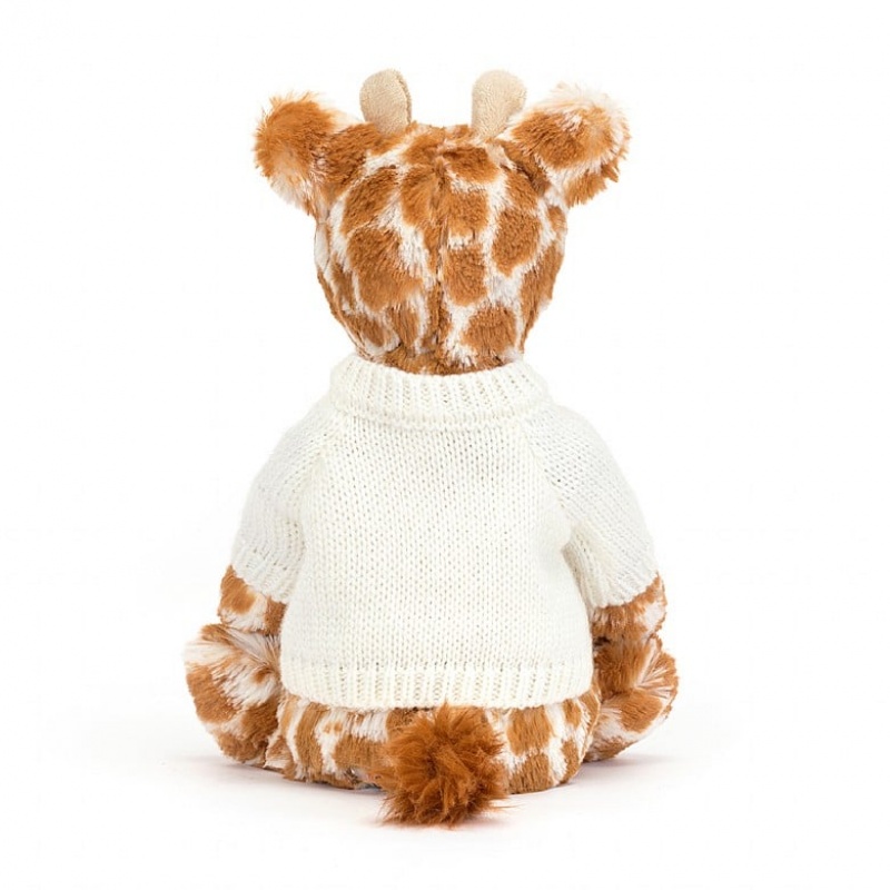 Jellycat Bashful Giraffe mit personalisiertem cremefarbenen Pullover Mittelgroß | JSNW-23981