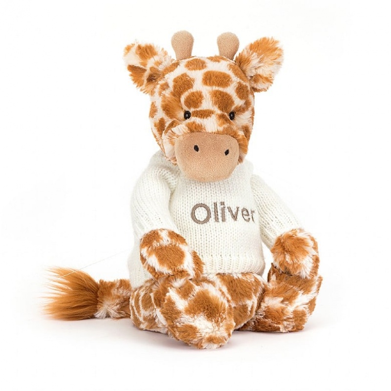 Jellycat Bashful Giraffe mit personalisiertem cremefarbenen Pullover Mittelgroß | JSNW-23981