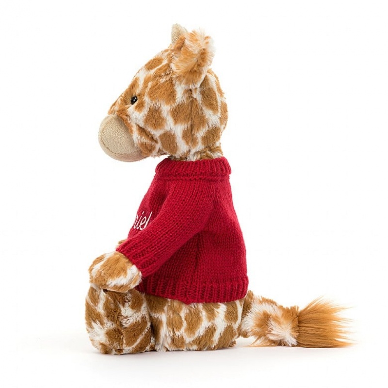 Jellycat Bashful Giraffe mit personalisiertem roten Pullover Mittelgroß | LOMA-85624