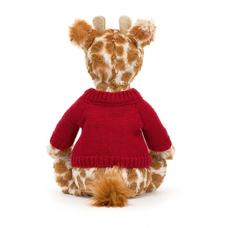 Jellycat Bashful Giraffe mit personalisiertem roten Pullover Mittelgroß | LOMA-85624