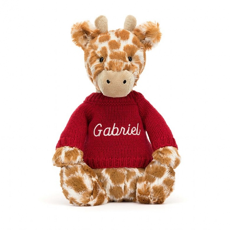 Jellycat Bashful Giraffe mit personalisiertem roten Pullover Mittelgroß | LOMA-85624