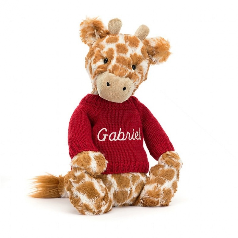 Jellycat Bashful Giraffe mit personalisiertem roten Pullover Mittelgroß | LOMA-85624