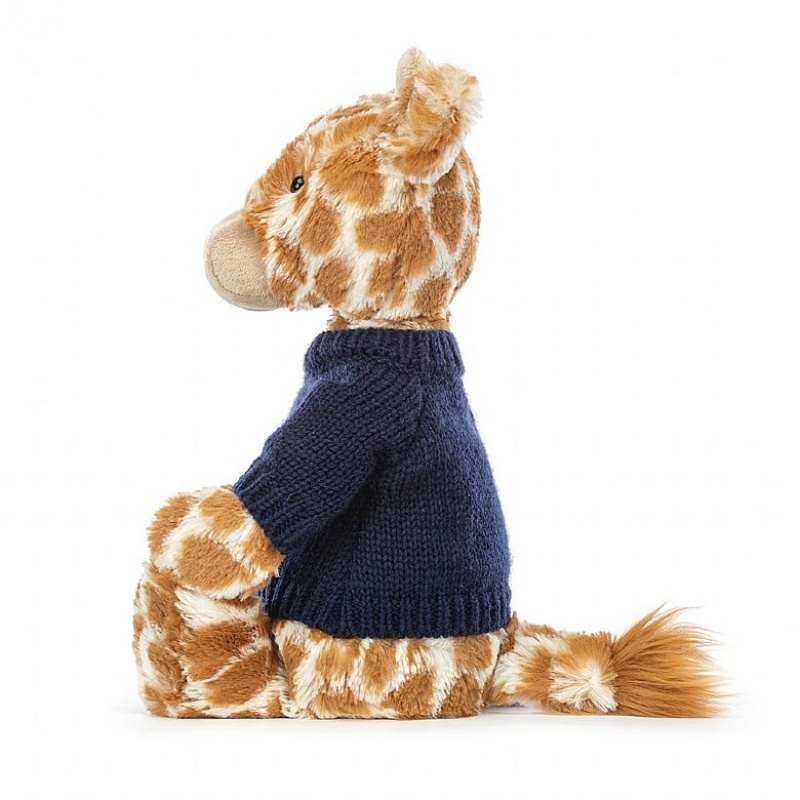 Jellycat Bashful Giraffe mit personalisiertem marineblauem Pullover Mittelgroß | GXWI-16743