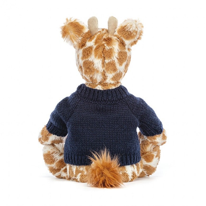 Jellycat Bashful Giraffe mit personalisiertem marineblauem Pullover Mittelgroß | GXWI-16743