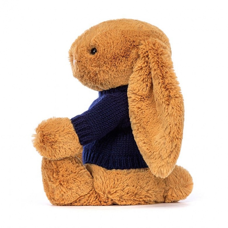 Jellycat Bashful Golden Hase mit personalisiertem marineblauem Pullover Mittelgroß | BUPI-51674