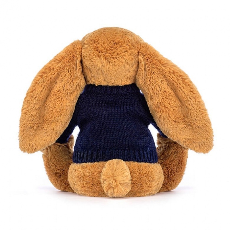 Jellycat Bashful Golden Hase mit personalisiertem marineblauem Pullover Mittelgroß | BUPI-51674