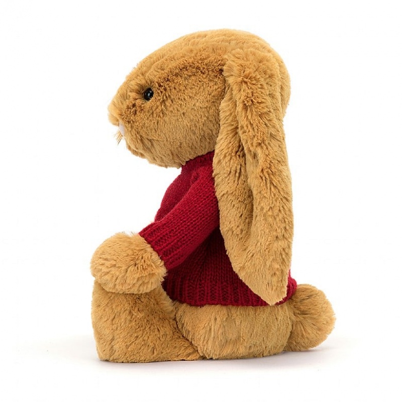 Jellycat Bashful Golden Hase mit personalisiertem roten Pullover Mittelgroß | QJYC-46235