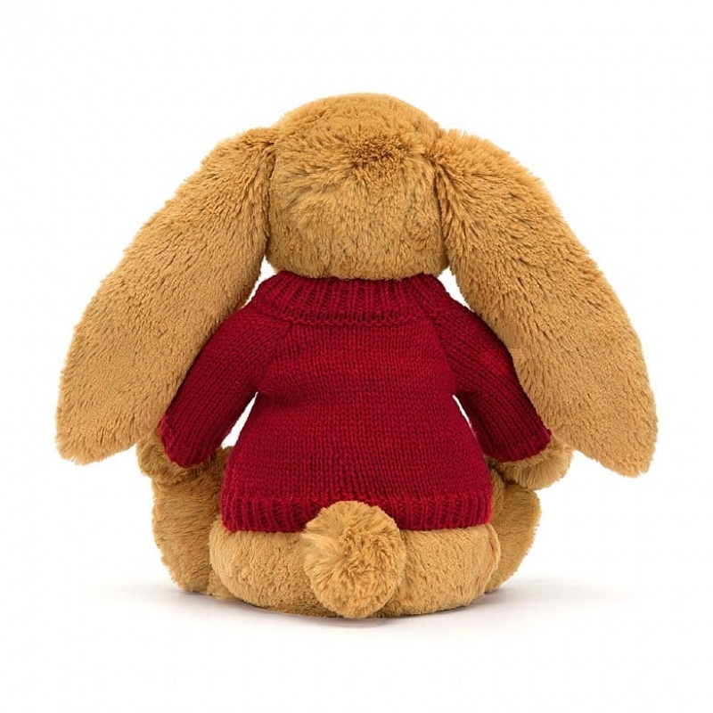 Jellycat Bashful Golden Hase mit personalisiertem roten Pullover Mittelgroß | QJYC-46235