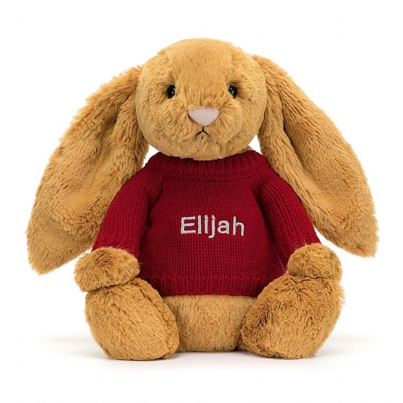 Jellycat Bashful Golden Hase mit personalisiertem roten Pullover Mittelgroß | QJYC-46235