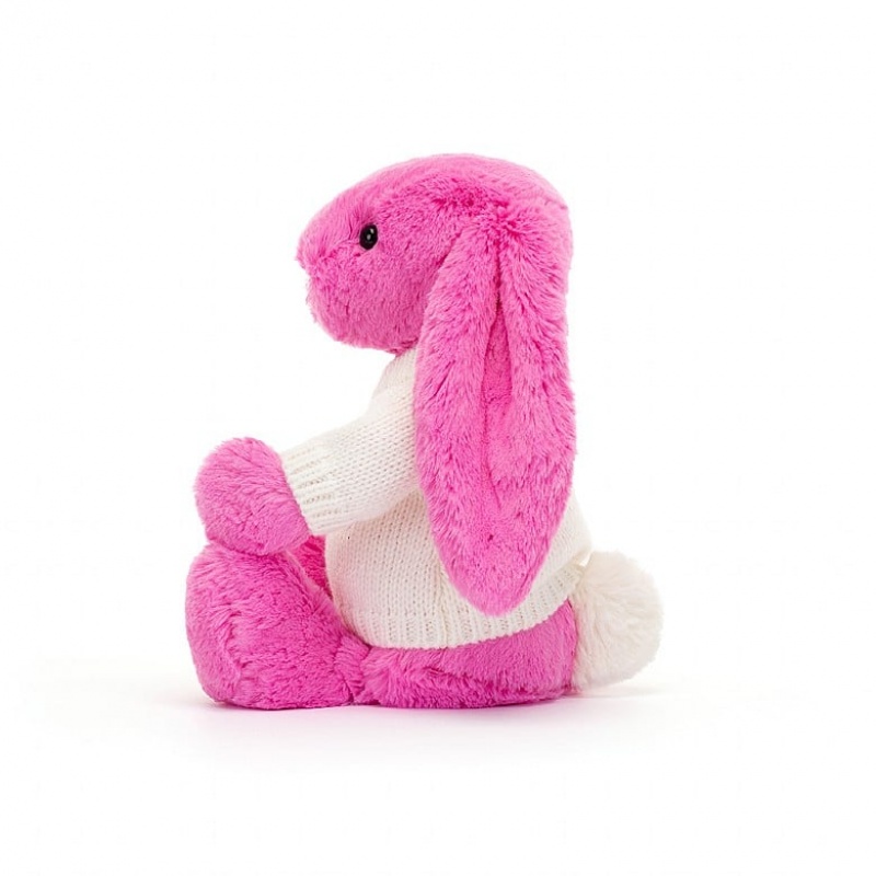 Jellycat Bashful Hot Pink Hase mit personalisiertem cremefarbenen Pullover Mittelgroß | GWNB-23751