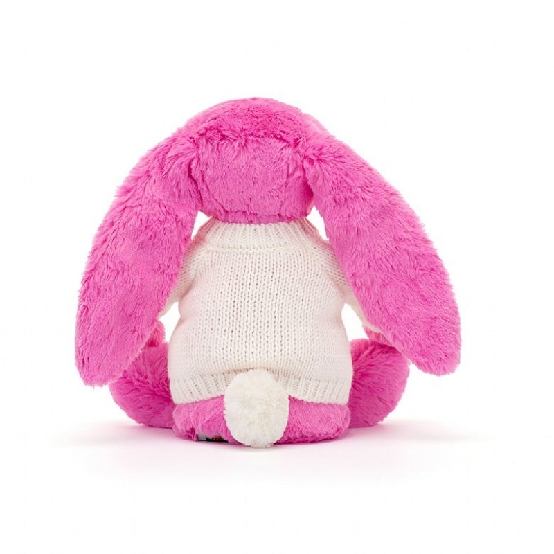 Jellycat Bashful Hot Pink Hase mit personalisiertem cremefarbenen Pullover Mittelgroß | GWNB-23751