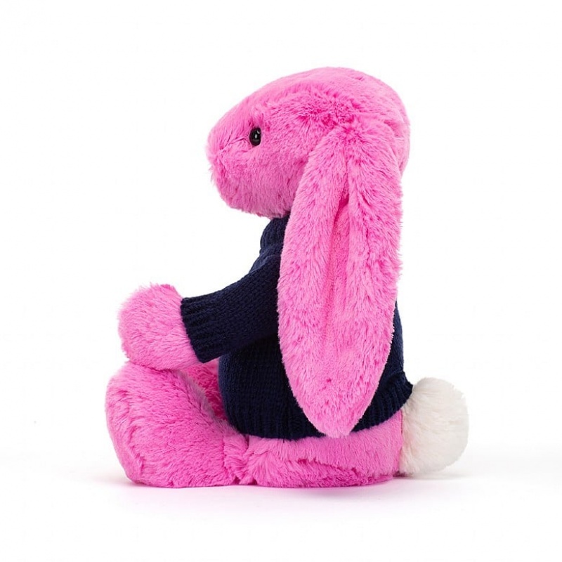 Jellycat Bashful Hot Pink Hase mit personalisiertem marineblauem Pullover Mittelgroß | ZJAP-21075