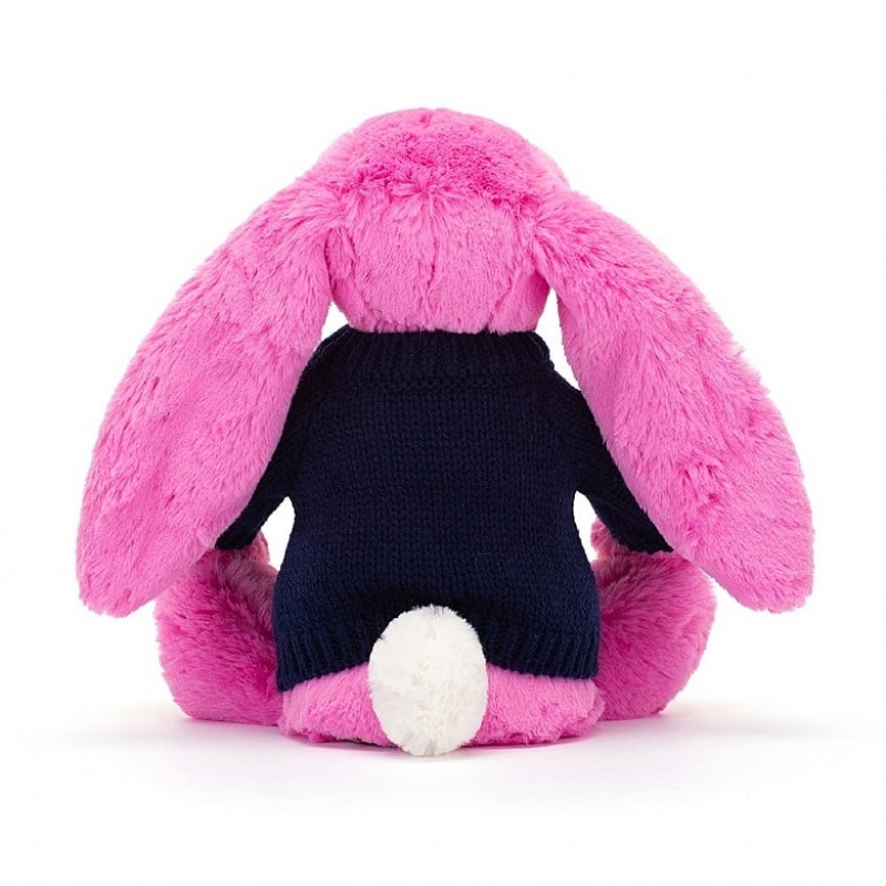 Jellycat Bashful Hot Pink Hase mit personalisiertem marineblauem Pullover Mittelgroß | ZJAP-21075