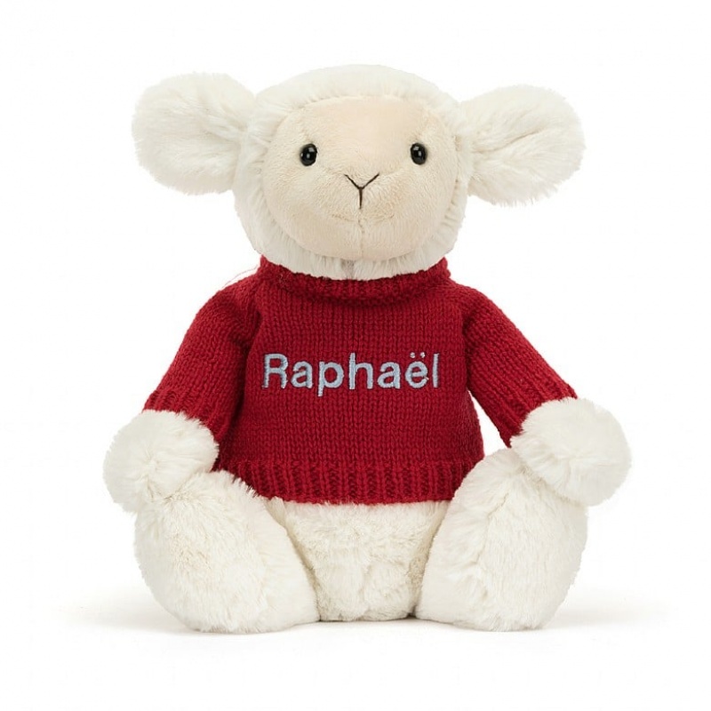 Jellycat Bashful Lamm with Personalied roten Pullover Mittelgroß | EDZY-91078