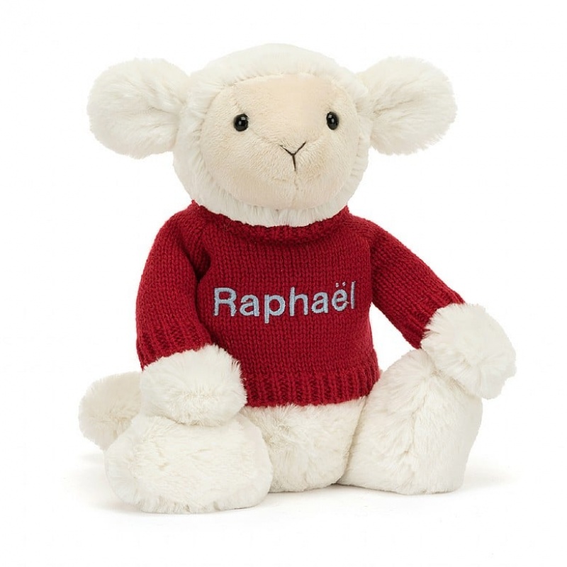 Jellycat Bashful Lamm with Personalied roten Pullover Mittelgroß | EDZY-91078