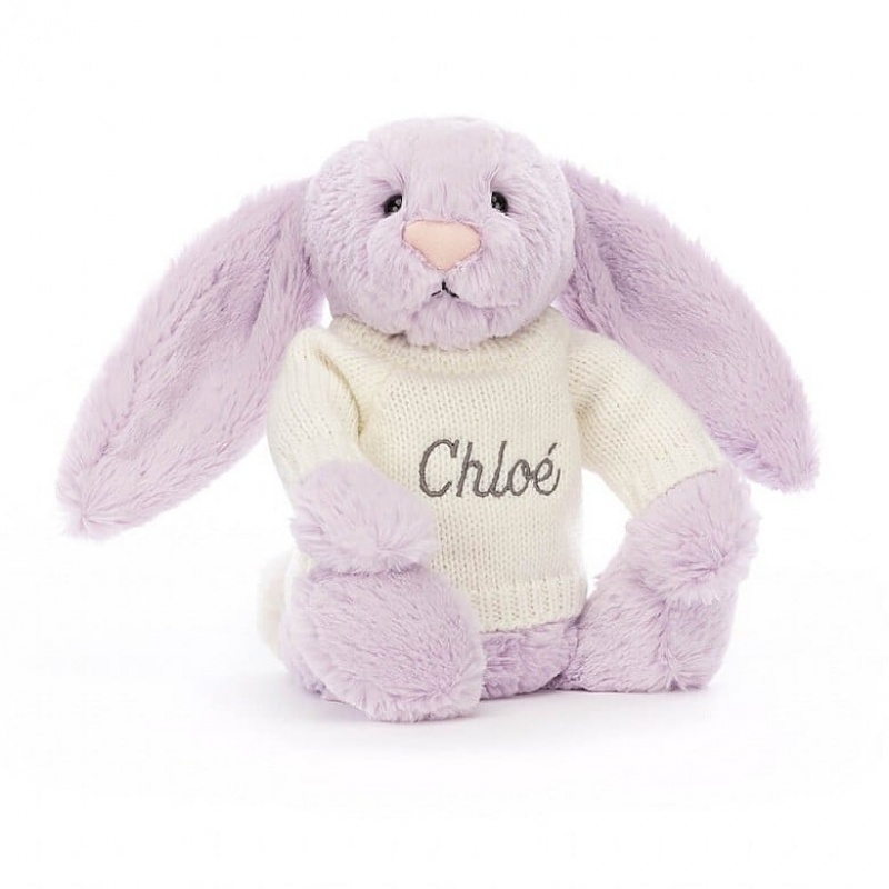 Jellycat Bashful Lilac Hase mit personalisiertem cremefarbenen Pullover Mittelgroß | ARWY-73609