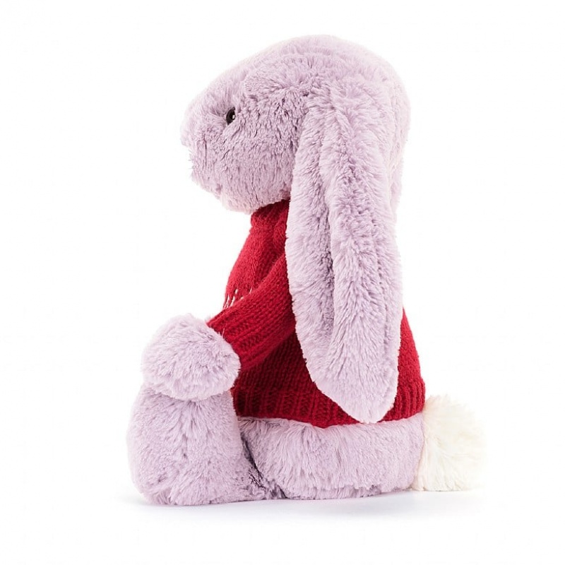 Jellycat Bashful Lilac Hase mit personalisiertem roten Pullover Mittelgroß | LDCT-30194