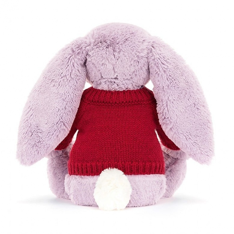 Jellycat Bashful Lilac Hase mit personalisiertem roten Pullover Mittelgroß | LDCT-30194