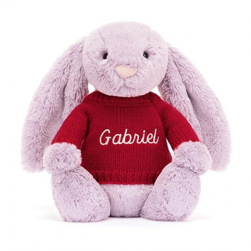 Jellycat Bashful Lilac Hase mit personalisiertem roten Pullover Mittelgroß | LDCT-30194