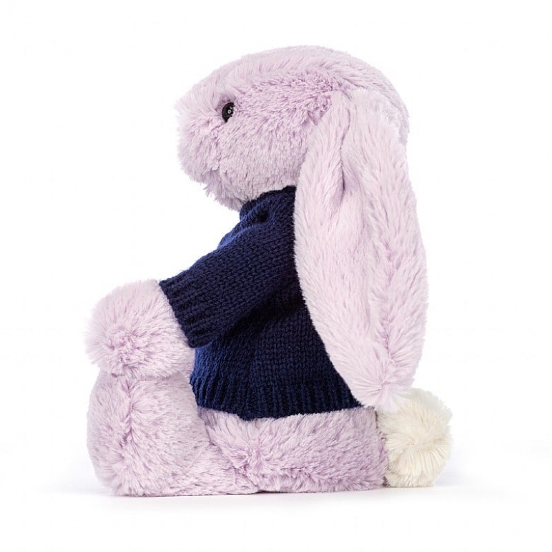 Jellycat Bashful Lilac Hase mit personalisiertem marineblauem Pullover Mittelgroß | QALJ-86305