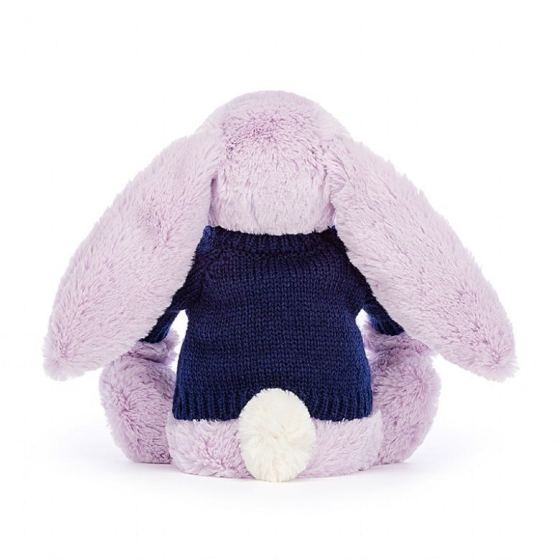 Jellycat Bashful Lilac Hase mit personalisiertem marineblauem Pullover Mittelgroß | QALJ-86305