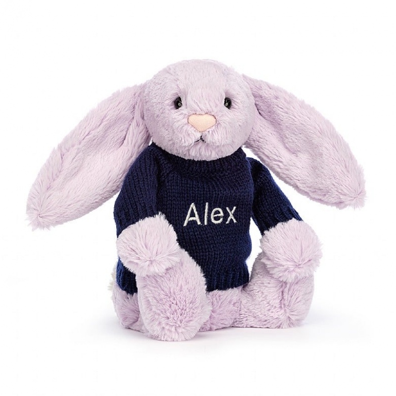 Jellycat Bashful Lilac Hase mit personalisiertem marineblauem Pullover Mittelgroß | QALJ-86305