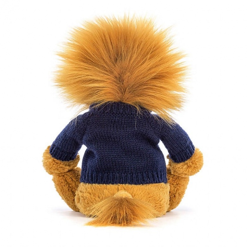 Jellycat Bashful Löwe mit personalisiertem marineblauem Pullover Mittelgroß | SJEL-91720