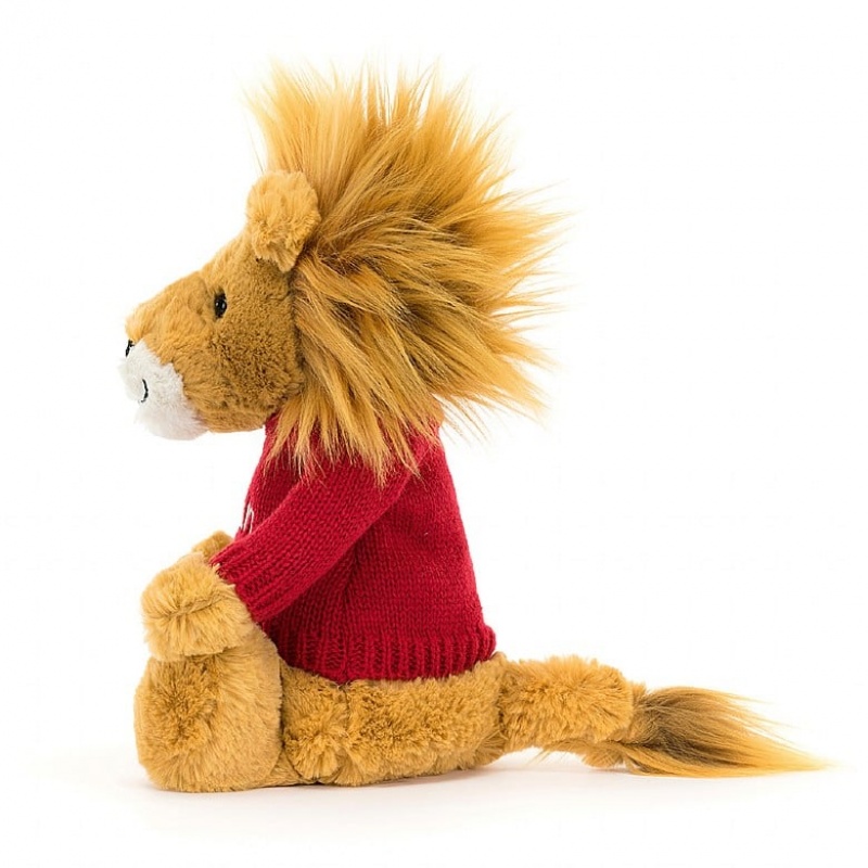 Jellycat Bashful Löwe mit personalisiertem roten Pullover Mittelgroß | XRBT-15083