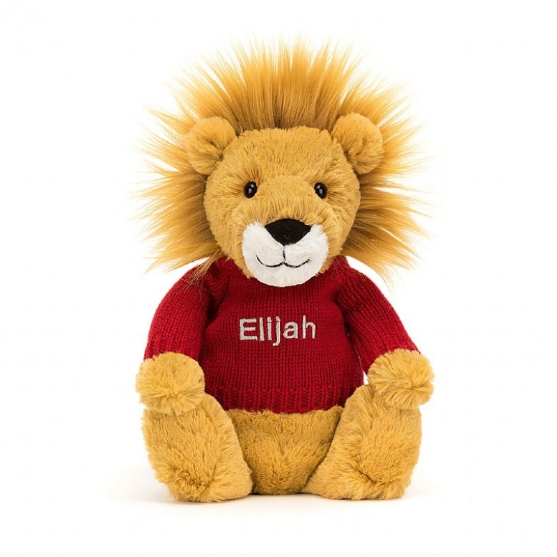 Jellycat Bashful Löwe mit personalisiertem roten Pullover Mittelgroß | XRBT-15083