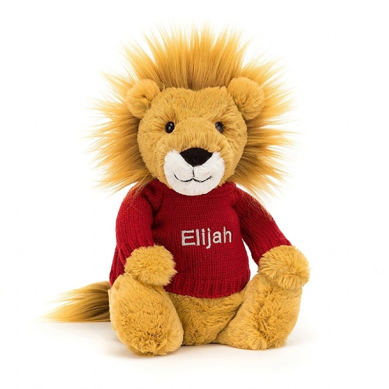 Jellycat Bashful Löwe mit personalisiertem roten Pullover Mittelgroß | XRBT-15083