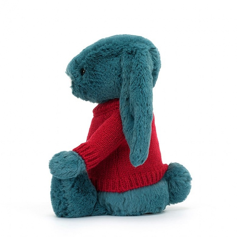 Jellycat Bashful Mineral Blue Hase mit personalisiertem roten Pullover Mittelgroß | PVTN-71356