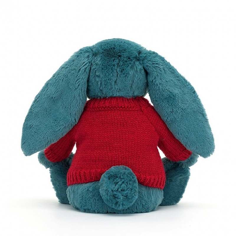 Jellycat Bashful Mineral Blue Hase mit personalisiertem roten Pullover Mittelgroß | PVTN-71356