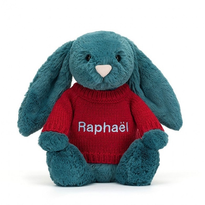 Jellycat Bashful Mineral Blue Hase mit personalisiertem roten Pullover Mittelgroß | PVTN-71356