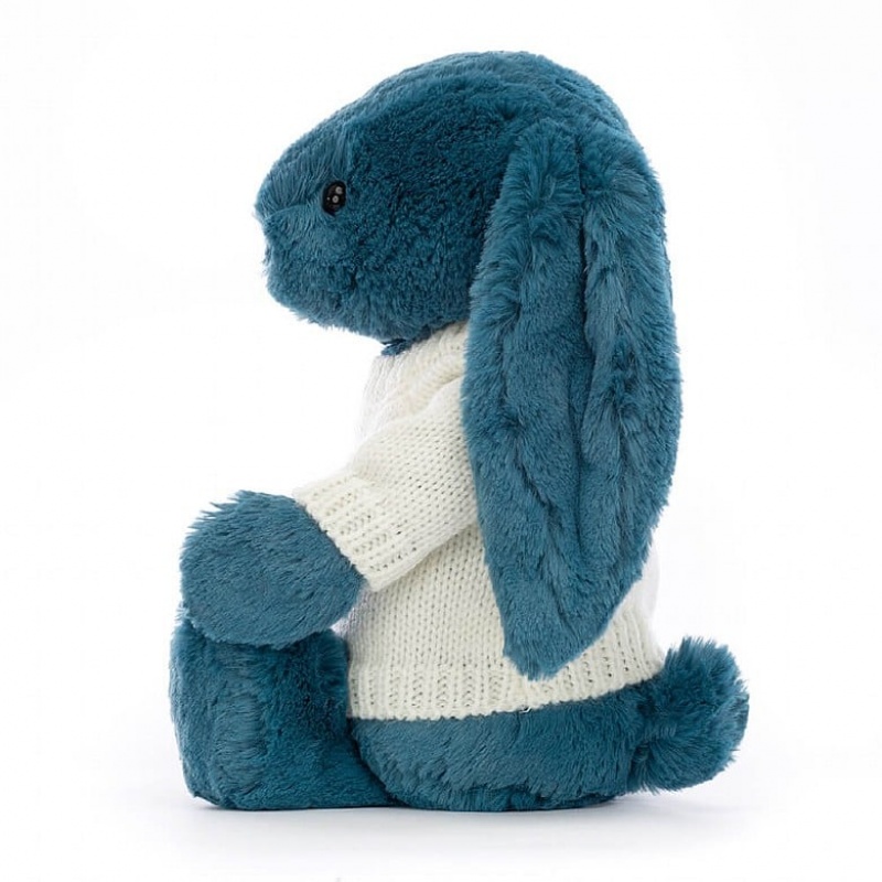 Jellycat Bashful Mineral Blue Hase mit personalisiertem cremefarbenen Pullover Mittelgroß | OBDZ-42518