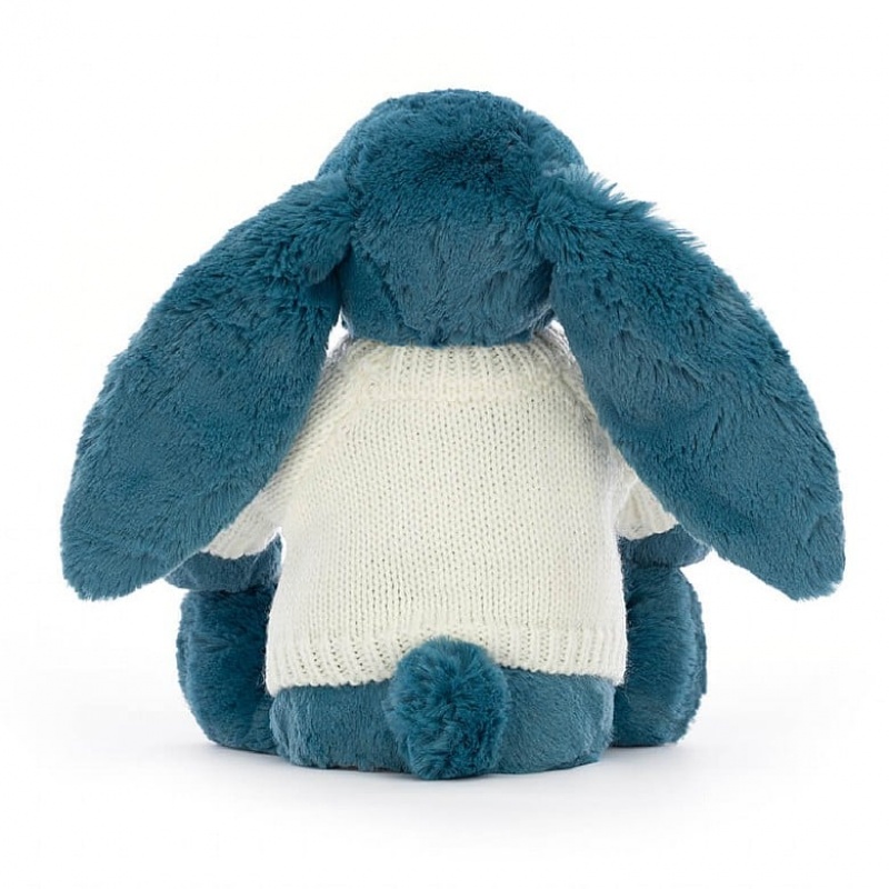 Jellycat Bashful Mineral Blue Hase mit personalisiertem cremefarbenen Pullover Mittelgroß | OBDZ-42518