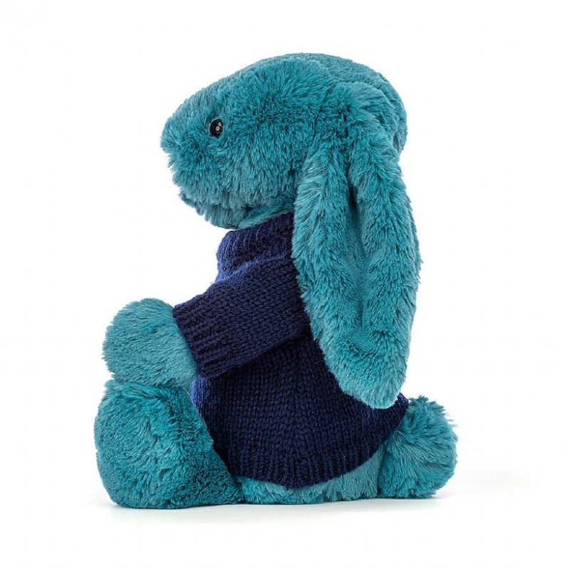 Jellycat Bashful Mineral Blue Hase mit personalisiertem marineblauem Pullover Mittelgroß | KFGV-67150